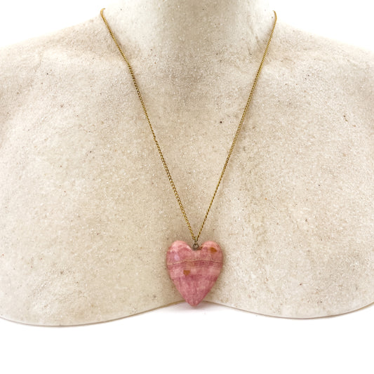 Vintage Rhodochrosite Crystal Heart Pendant Necklace