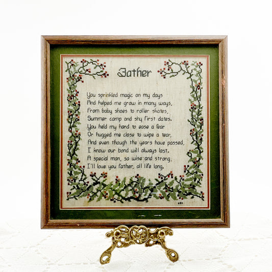 Vintage Father Poem Framed Cross-Stitch Wall Art - Signed KRH
