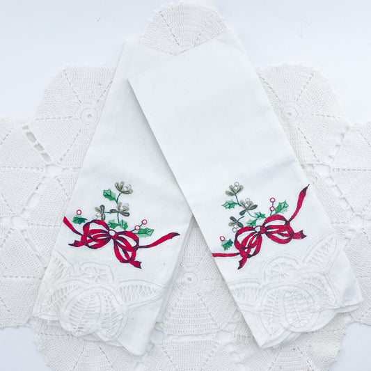 Vintage Hand Embroidered Holly and Berries Linen Napkins | Set of Two