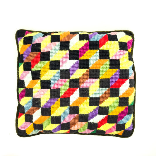 Vintage Handcrafted Falling Block Geometric Pillow | 15" x 16"