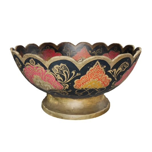 Vintage Etched Brass Enamel Peacock Motif Footed Bowl