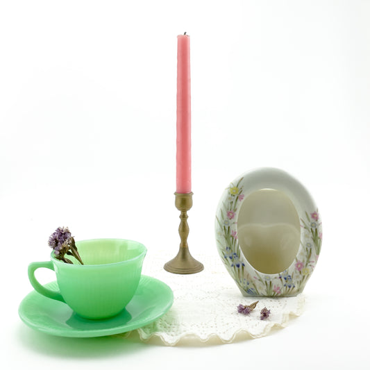 Gift Box #2 - Vintage Federal Glass Jadeite Cup and Saucer + Takahashi Picture Frame + Brass Candle Holder in Gift Box