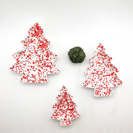 Vintage Ceramic Nesting Christmas Tree Trays - White and Red Splatter - Set of Three