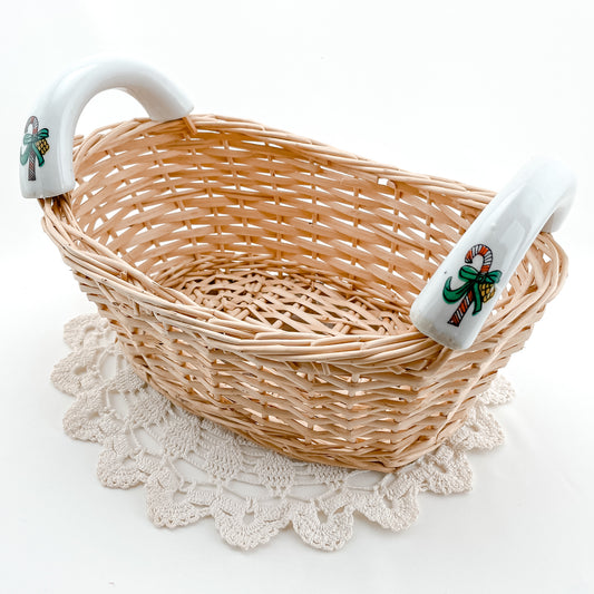 Vintage Oval Wicker Basket with Candy Cane Porcelain Handles