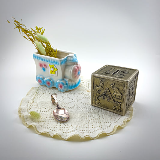Gift Box #4 - Vintage Nursery Train Planter + Silver Tone Block Coin Bank + Silver-plate Baby Spoon in Gift Box