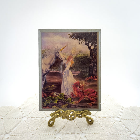Vintage 70's Princess with Unicorn and Dragon by Gina Ferraro - Wood Plaque
