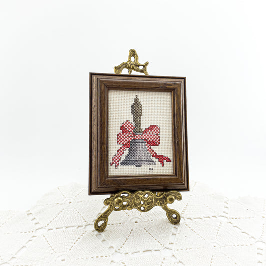 Vintage 80's Holiday Bell & Bow Framed Cross-Stitch