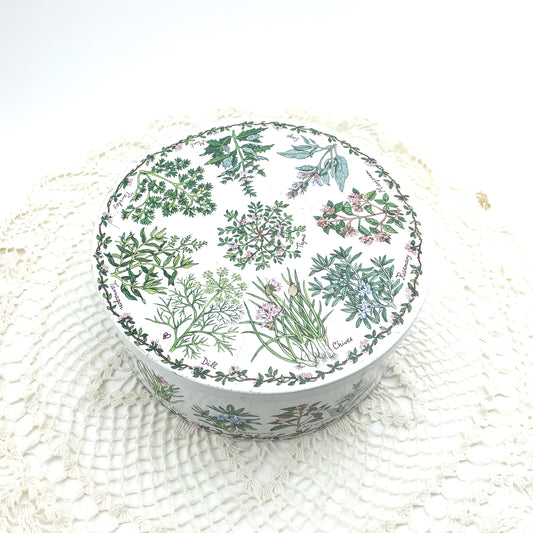 Vintage Cookie Tin with Herbs Images | Round | White | 7" | Made in England