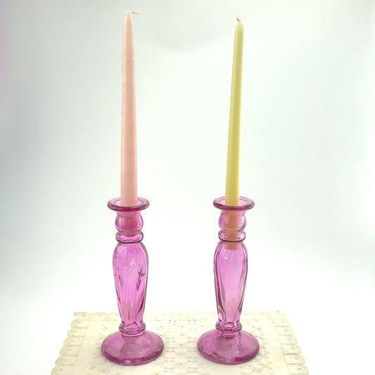 Candle Stick Holders | Colored Glass | Pink | Set of 2