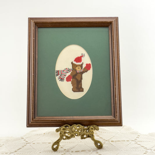 Vintage Framed Cross-Stitch Artwork | Teddy Bear on Holidays