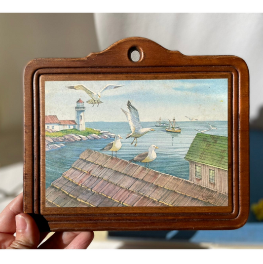 Vintage Scenic 'Ocean, Birds, Boat and Lighthouse' View Print on Wood Plaque
