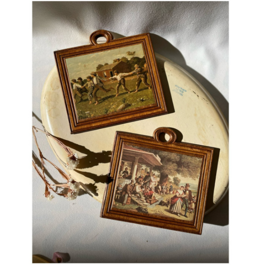 Vintage Set of Two Scenic Prints on Wood Plaques | 'Boys Playing' & 'A Day Outside'